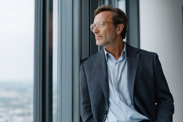 Fototapeta premium Mature caucasian male in business attire looking out window in bright office