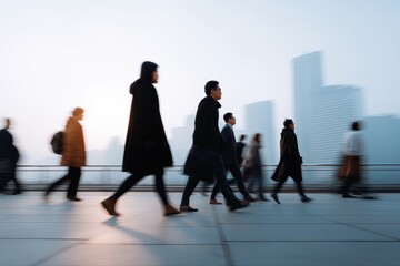 Blurred motion of diverse adults walking in urban cityscape