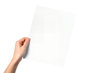 Obraz premium A close-up shot of a hand holding up a blank white vertical paper or sign, slightly tilted, offering copy space, isolated against a light gray background.