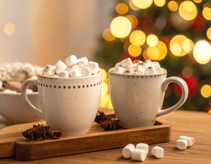 Cozy mugs filled with hot chocolate and marshmallows.