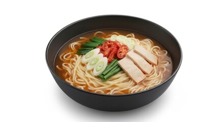 Ramen in black bowl, with noodles, broth, scallions, pork, and tomatoes