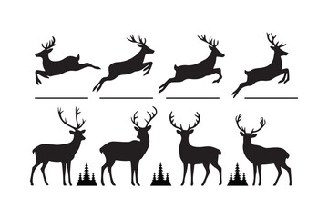 Eight deer silhouettes with motion lines and pine trees, combining wildlife movement and forest elements for nature-themed designs.