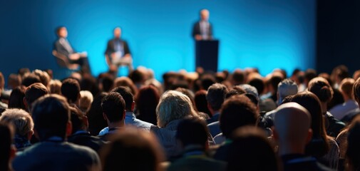 The audience listening intently at a professional conference with panelists speaking on stage