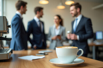 Coworkers having business lunch, cup of coffee on blurred office background. AI