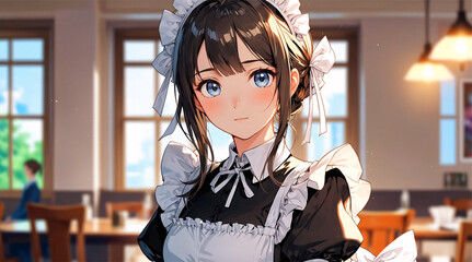 Young woman with dark hair and large blue eyes, wearing a frilly, black and white maid uniform