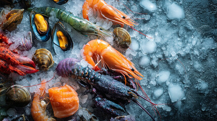 A vibrant assortment of seafood displayed on a bed of crushed ice for freshness and presentation