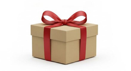 Obraz premium Simple square gift box tied with a bright red ribbon on clean white background