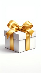 Fototapeta premium Elegant white gift box with golden ribbon bow.