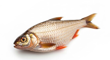 Fototapeta premium Single silver fish, orange fins, lying isolated on a white surface