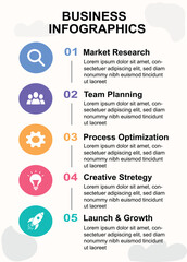 Modern Business Infographic Design Template | Step by Step Marketing Process with Icons | Market Research, Team Planning, Optimization, Creative Strategy, Launch and Growth Chart