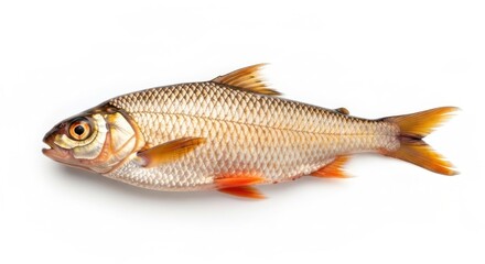 Small, silvery fish with orange fins isolated on a clean white background