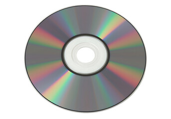 A vibrant iridescent compact disc isolated against a stark black background.