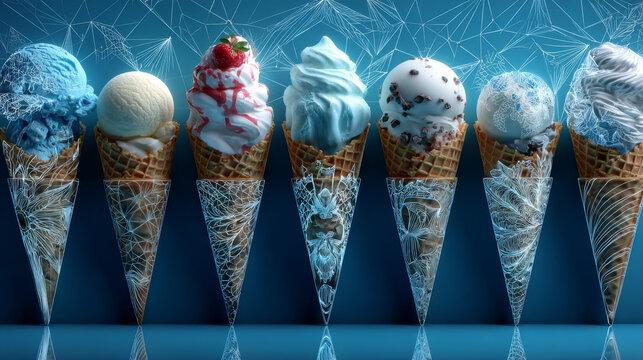 Summer set of flat contour ice cream doodle hand drawn icon, element. Outline drawing gelato in waffle, paper cone, isolated clipart collection on blue background. Vector EPS10