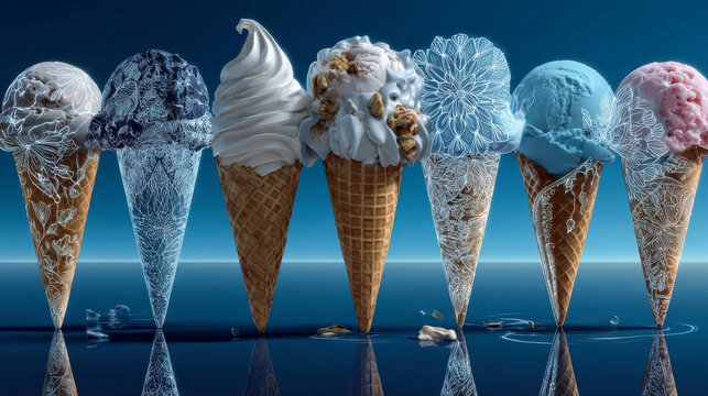 Summer set of flat contour ice cream doodle hand drawn icon, element. Outline drawing gelato in waffle, paper cone, isolated clipart collection on blue background. Vector EPS10