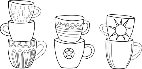 Stacked coffee cups line art illustration, tea mugs outline drawing. Black and white kitchen vector with decorative patterns for café menu, morning drink and home décor design