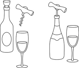 Wine bottle and glasses line art illustration, corkscrew outline drawing. Black and white vector for bar, restaurant, kitchen decor, beverage and celebration design artwork