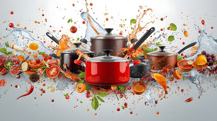 Colorful Cookware and Food Ingredients in an Explosive Splash