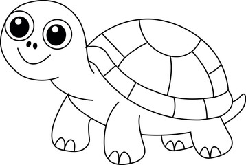 Cute cartoon turtle line art illustration, baby tortoise outline drawing, adorable sea animal vector for kids coloring page and black and white wildlife