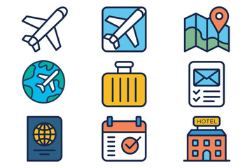 Vibrant flat design vector icons illustrating essential elements for travel planning and global adventures