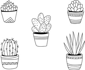 Cactus and succulent plant line art set, potted plants outline drawing, black and white vector illustration for home décor and botanical design