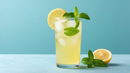 Fototapeta premium Refreshing Glass of Lemonade with Ice and Mint on a Summer Day, Perfect for Hot Weather and Thirst-Quenching Moments