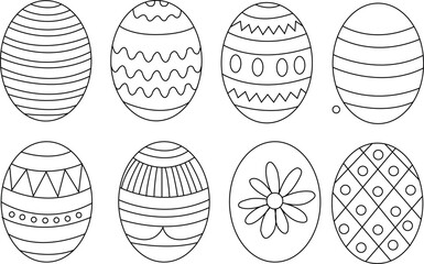 Easter egg line art set, decorated eggs outline drawing, black and white vector illustration for coloring page. Holiday design, spring decoration and festive pattern collection