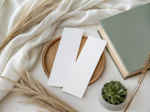 Bookmark Mockup on Neutral Bedding | Soft Minimalist Scene for Canva or Photoshop