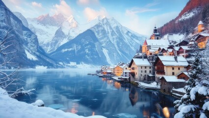 Picturesque snow-covered village nestled by a calm lake, overlooked by majestic, snow-capped mountains