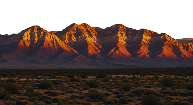 Golden light illuminates rugged mountain peaks and desert landscape at dusk.