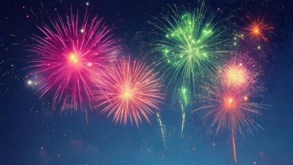 Naklejka premium Vibrant fireworks explode against a dark blue sky, creating a celebratory and colorful display