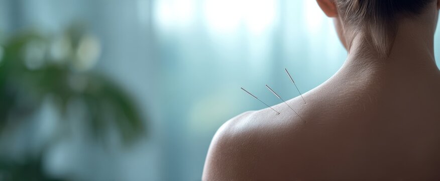 The shoulder receiving acupuncture therapy in a serene wellness spa treatment room