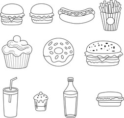 Hand drawn fast food doodle set with burger, fries, donut, cupcake, soda, sandwich and hot dog outline illustration for restaurant, café menu, colouring page and food design