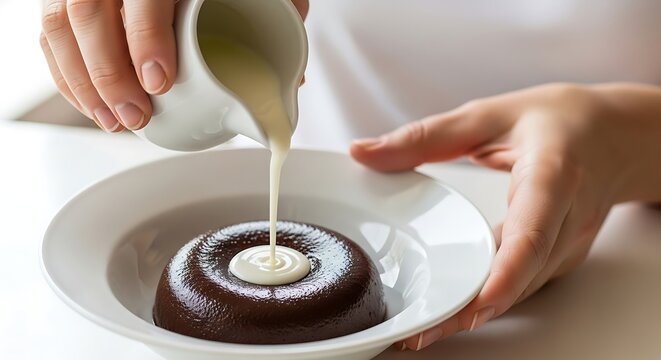 Chocolate Dessert with Pouring Cream on White Plate in Close-up