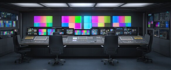 The Broadcast Control Room with Multi-Screen Video Wall and Audio Mixing Consoles