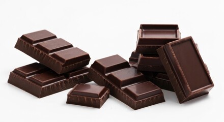 Stack of dark chocolate pieces on a bright, plain white background