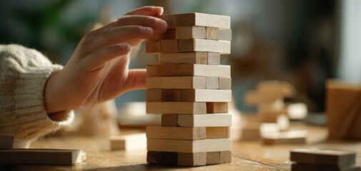 The wooden block tower being carefully balanced by a focused hand on table