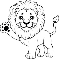 Cute cartoon lion line art illustration, baby lion outline drawing, adorable jungle animal coloring page in black and white. Zoo wildlife vector for kids and education design
