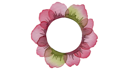 Floral ring frame of watercolor petals—round wreath with alternating pink and sage segments on tactile handmade paper, perfect for logos and invites.