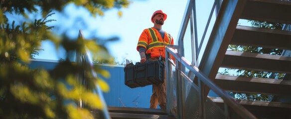 The construction worker carrying a toolbox on outdoor industrial metal stairs at sunset