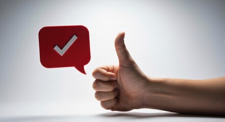 Thumbs-up hand beside red chat bubble with checkmark against white backdrop