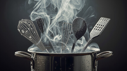 Five Stainless Steel Utensils Steaming in a Hot Pot with Dramatic Lighting