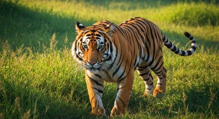 Obraz premium Tiger strides powerfully through sunny meadow, stripes contrasted with green grass