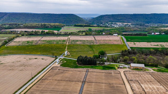 Aerial landscape of corn and guinea fowl poultry farm rural Appalachia Central Pennsylvania