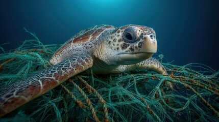 Obraz premium Turtle entangled in plastic pollution underwater scene