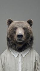 Surreal portrait of a bear in sophisticated clothing, representing strength, creativity, and elegance through modern conceptual photography with refined details and artistic design 