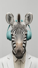 Artistic surreal portrait of a zevra in elegant attire, expressing instinct, creativity, and refinement through conceptual studio photography with lighting, detail, and premium editorial composition