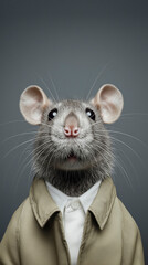 Conceptual portrait of a mouse in refined attire, combining innocence and creativity through surreal studio photography with elegant textures, artistic composition