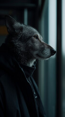 Artistic surreal portrait of a wolf in elegant attire, expressing instinct, creativity, and refinement through conceptual studio photography with lighting, detail, and premium editorial composition