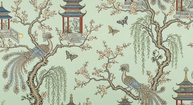 Delicate Asian Inspired Wallpaper Featuring Birds, Butterflies and Pagodas Creates Serenity