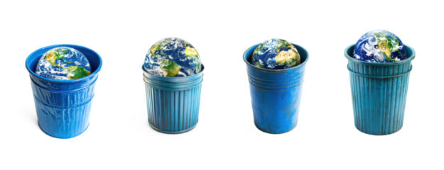 Collection of Earth in trash can isolate on transparent background